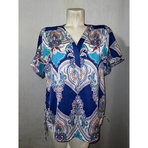 CHICO'S Top Size L (2) Blue Paisley Cool Printed Side-Cinch Drawstring Tee Shirt